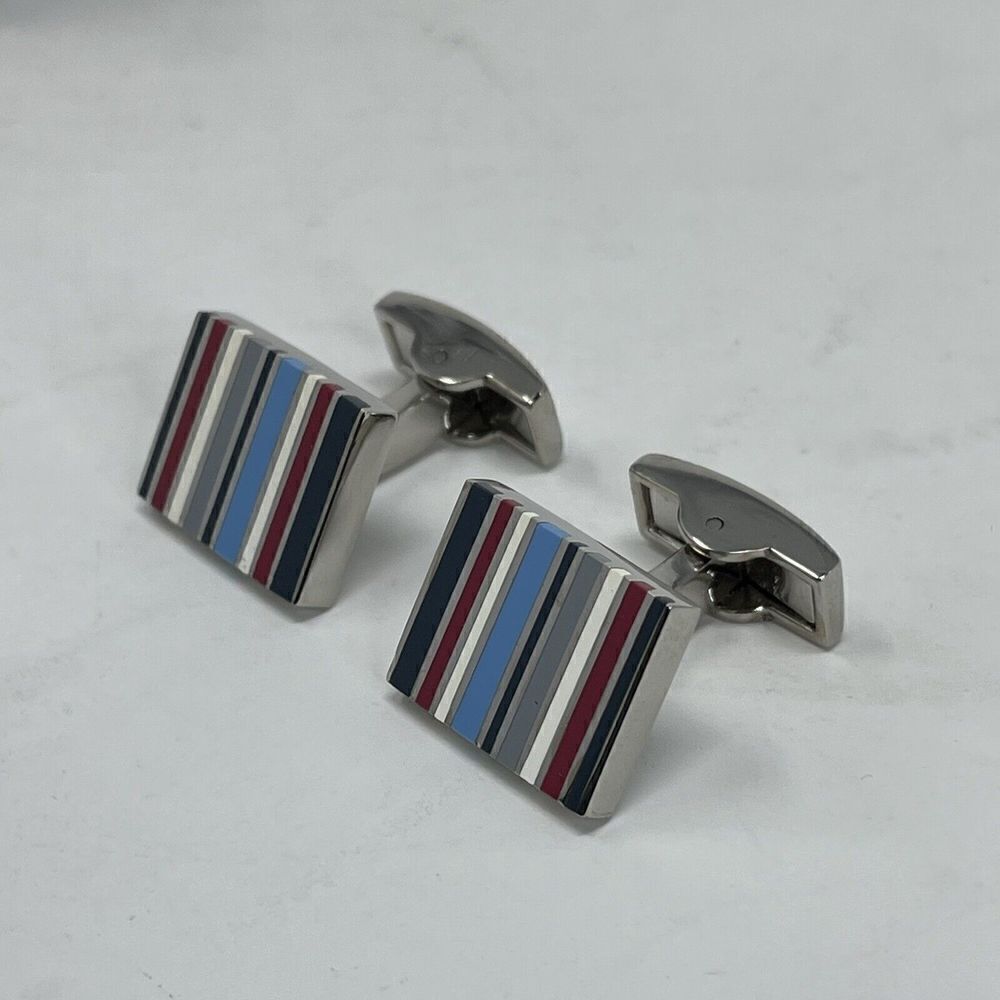 TR Cufflinks Mens Silvertone Stripe Blue Gray Red White Square In-Box